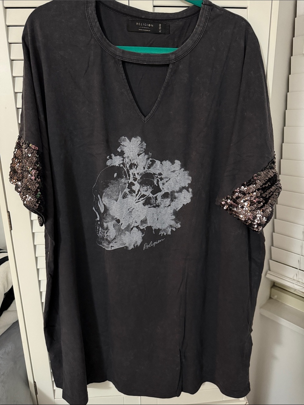 Religion - Black Graphic Tunic Tee with Sequin Sleeve Cuffs